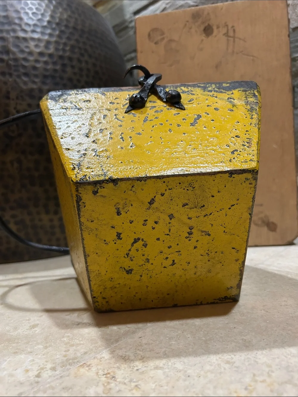 antique Chinese yellow lacquer rice measure bucket